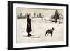 Ski Girl Towed by Dog-null-Framed Art Print