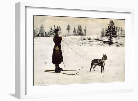 Ski Girl Towed by Dog-null-Framed Art Print