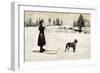 Ski Girl Towed by Dog-null-Framed Art Print