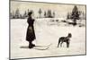 Ski Girl Towed by Dog-null-Mounted Art Print