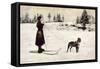 Ski Girl Towed by Dog-null-Framed Stretched Canvas