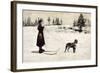 Ski Girl Towed by Dog-null-Framed Art Print