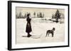 Ski Girl Towed by Dog-null-Framed Art Print