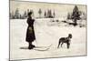 Ski Girl Towed by Dog-null-Mounted Art Print