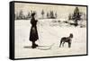 Ski Girl Towed by Dog-null-Framed Stretched Canvas