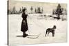 Ski Girl Towed by Dog-null-Stretched Canvas