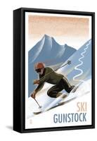 Ski Gunstock - Downhill Skier Lithography Style-Lantern Press-Framed Stretched Canvas