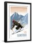 Ski Gunstock - Downhill Skier Lithography Style-Lantern Press-Framed Art Print