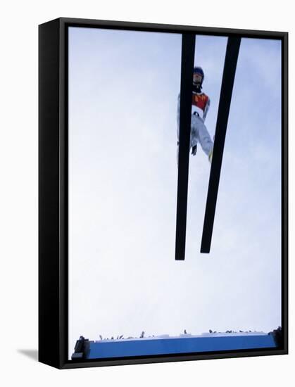 Ski Jumper in Action Flying Off the Lip of the Jump, Salt Lake City, Utah, USA-Chris Trotman-Framed Stretched Canvas