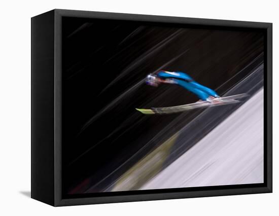 Ski Jumper in Action, Torino, Italy-Chris Trotman-Framed Stretched Canvas