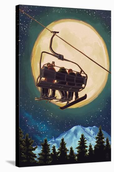 Ski Lift and Full Moon with Snowboarder-Lantern Press-Stretched Canvas