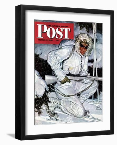 "Ski Patrol Soldier," Saturday Evening Post Cover, March 27, 1943-Mead Schaeffer-Framed Premium Giclee Print