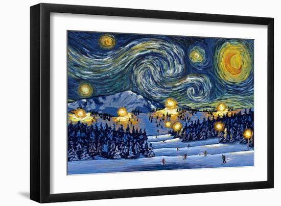Ski Resort with Mountain - Starry Night - Lantern Press Artwork-Lantern Press-Framed Art Print