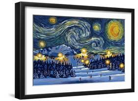 Ski Resort with Mountain - Starry Night - Lantern Press Artwork-Lantern Press-Framed Art Print