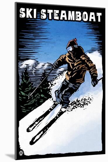 Ski Steamboat - Scratchboard Skier-Lantern Press-Mounted Art Print