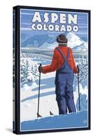 Skier Admiring - Aspen, Colorado-Lantern Press-Stretched Canvas