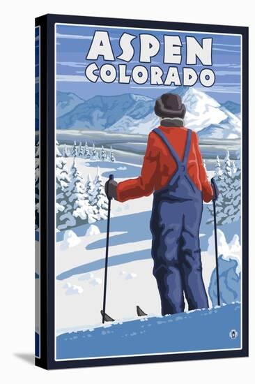 Skier Admiring - Aspen, Colorado-Lantern Press-Stretched Canvas