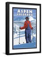 Skier Admiring - Aspen, Colorado-Lantern Press-Framed Art Print