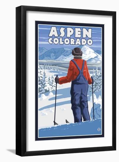 Skier Admiring - Aspen, Colorado-Lantern Press-Framed Art Print