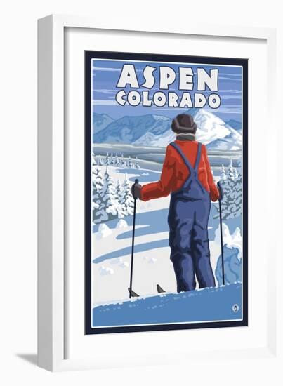 Skier Admiring - Aspen, Colorado-Lantern Press-Framed Art Print