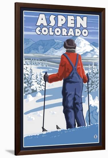 Skier Admiring - Aspen, Colorado-Lantern Press-Framed Art Print