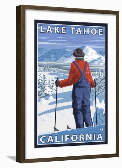 Skier Admiring, Lake Tahoe, California-Lantern Press-Framed Art Print