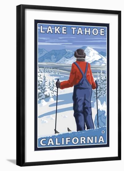 Skier Admiring, Lake Tahoe, California-Lantern Press-Framed Art Print