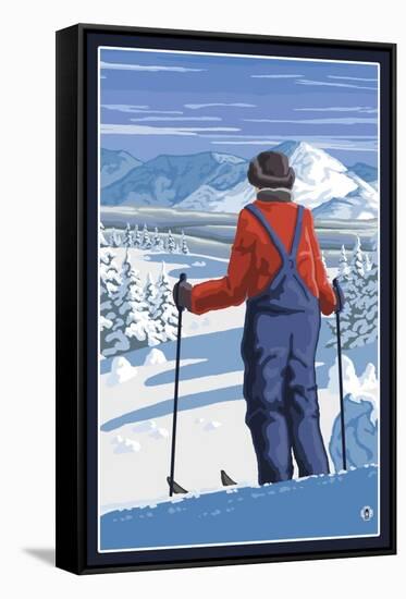 Skier Admiring View-Lantern Press-Framed Stretched Canvas