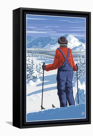 Skier Admiring View-Lantern Press-Framed Stretched Canvas