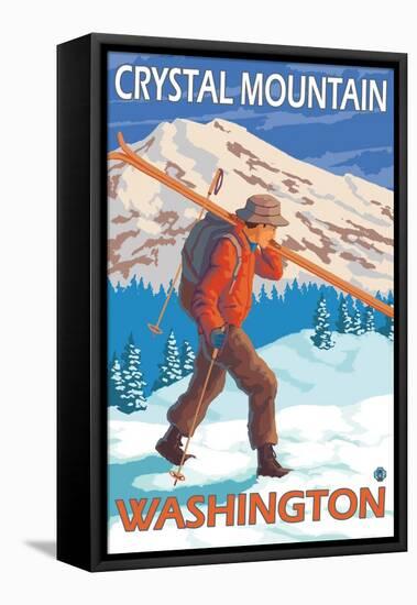 Skier Carrying Snow Skis, Crystal Mountain, Washington-Lantern Press-Framed Stretched Canvas