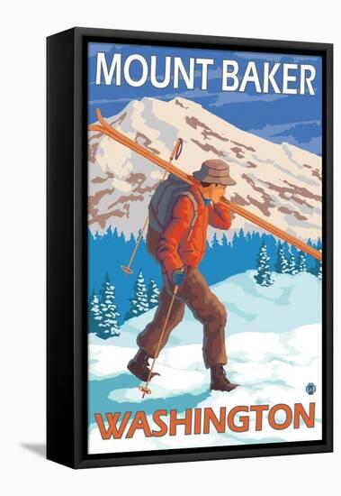 Skier Carrying Snow Skis, Mount Baker, Washington-Lantern Press-Framed Stretched Canvas