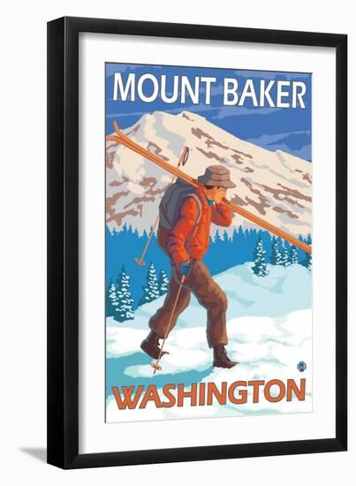 Skier Carrying Snow Skis, Mount Baker, Washington-Lantern Press-Framed Art Print