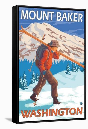 Skier Carrying Snow Skis, Mount Baker, Washington-Lantern Press-Framed Stretched Canvas