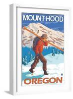 Skier Carrying Snow Skis, Mount Hood, OR-Lantern Press-Framed Art Print