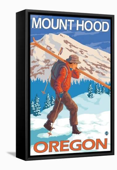 Skier Carrying Snow Skis, Mount Hood, OR-Lantern Press-Framed Stretched Canvas