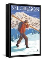 Skier Carrying Snow Skis, Oregon-Lantern Press-Framed Stretched Canvas