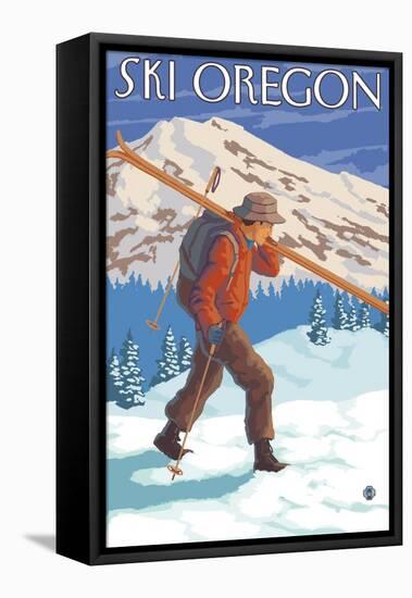 Skier Carrying Snow Skis, Oregon-Lantern Press-Framed Stretched Canvas