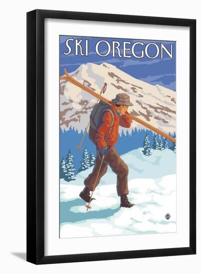 Skier Carrying Snow Skis, Oregon-Lantern Press-Framed Art Print