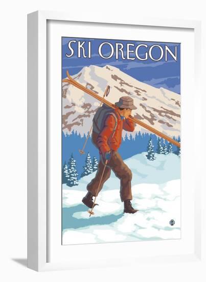 Skier Carrying Snow Skis, Oregon-Lantern Press-Framed Art Print