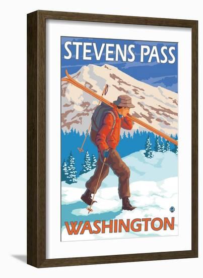 Skier Carrying Snow Skis, Stevens Pass, Washington-Lantern Press-Framed Art Print