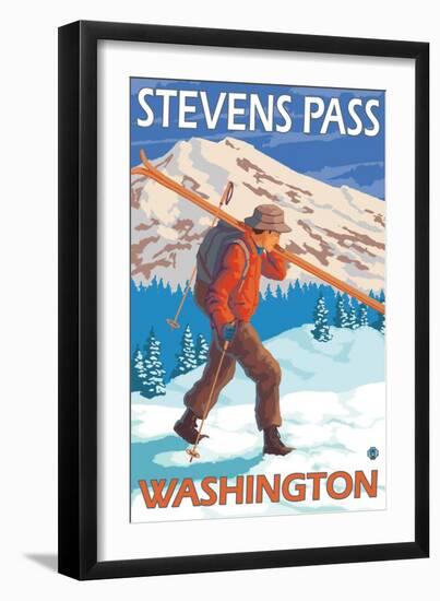 Skier Carrying Snow Skis, Stevens Pass, Washington-Lantern Press-Framed Art Print