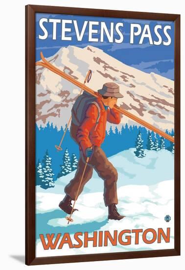 Skier Carrying Snow Skis, Stevens Pass, Washington-Lantern Press-Framed Art Print