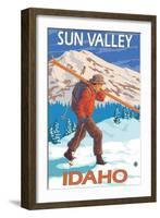 Skier Carrying Snow Skis, Sun Valley, ID-Lantern Press-Framed Art Print