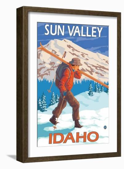 Skier Carrying Snow Skis, Sun Valley, ID-Lantern Press-Framed Art Print