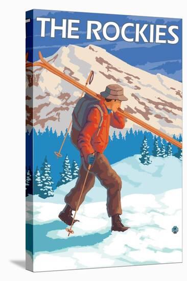 Skier Carrying Snow Skis, The Rockies-Lantern Press-Stretched Canvas