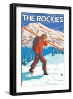 Skier Carrying Snow Skis, The Rockies-Lantern Press-Framed Art Print