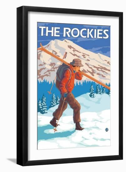 Skier Carrying Snow Skis, The Rockies-Lantern Press-Framed Art Print