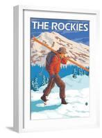 Skier Carrying Snow Skis, The Rockies-Lantern Press-Framed Art Print