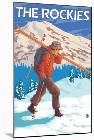 Skier Carrying Snow Skis, The Rockies-Lantern Press-Mounted Art Print