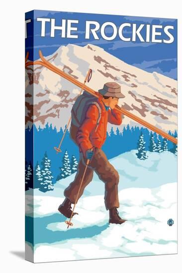 Skier Carrying Snow Skis, The Rockies-Lantern Press-Stretched Canvas